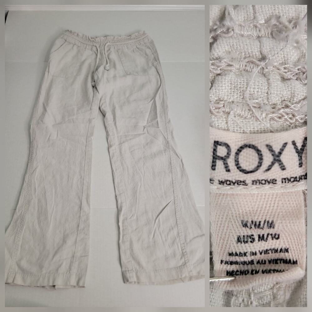 Roxy Linen Blend Pants Womens Sz M Low Rise Straight Pockets Relaxed Summer